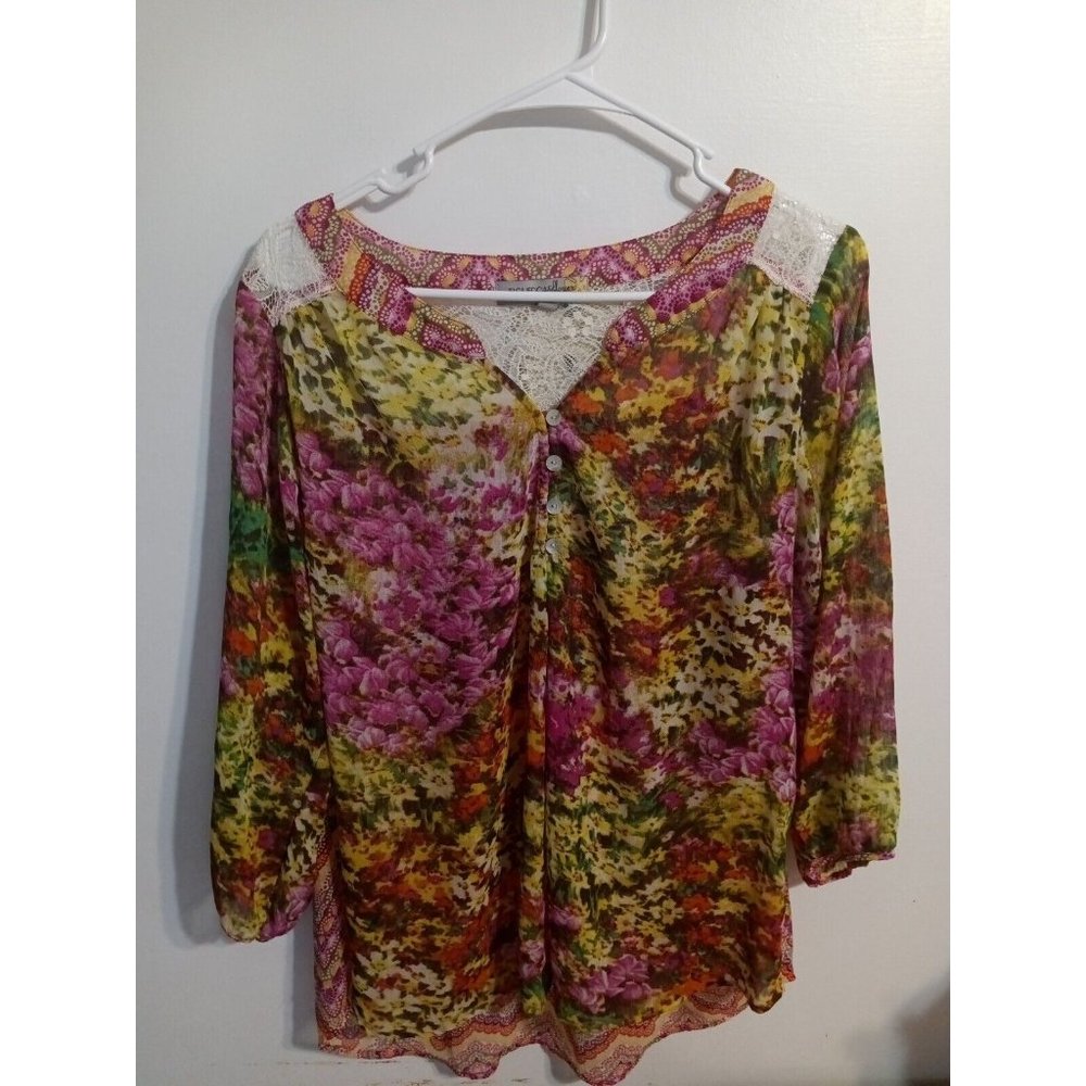 Figueroa & Flower V-Neck Tunic Shirt Womens 1X Lace Floral  3/4 Sleeve Boho